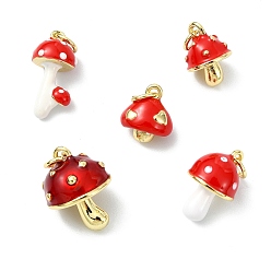 Красный 5 шт 5 стили латунные эмалевые подвески, с целью перехода в кольце, долговечный, без кадмия и без свинца, стойки покрытие, грибное очарование, красные, 11~16.5x8~12x7~12 мм, отверстие : 3~3.5 мм, 1 шт / стиль