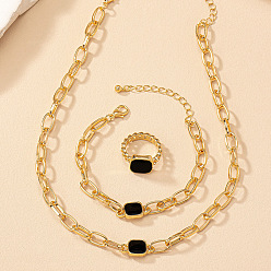 Черный Наборы из квадратных ожерелий, браслетов и колец из сплава с эмалью, золотые, чёрные, 350 мм