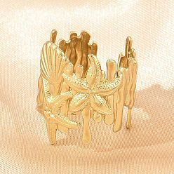 Золотой 304 открытые кольца-манжеты из нержавеющей стали для женщин, морская звезда в форме ракушки, золотые, 23.5 мм, размер США 9 3/4 (19.5 мм)