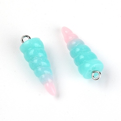 Голубой Подвески из смолы, с платиновым железным колышком, два тона, рог единорога, голубой, 29x10x9.5 мм, отверстие : 1.8 мм