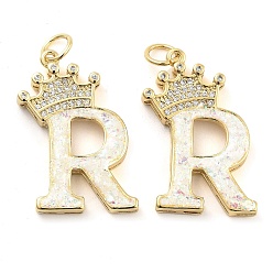 Letter R Латунные микропаве прозрачные подвески с фианитом, без кадмия и без свинца, с синтетическим опалом, реальный 18 k позолоченный, с целью перехода в кольце, Буква R, 26.5~33x14~23.5x3.5~4.5 мм, отверстие : 4.5 мм