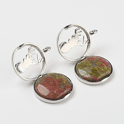 Unakite Natural Unakite Pendants, with Brass Diffuser Locket Finding, Flat Round with Christmas Reindeer/Stag, 31x26x8mm, Hole: 4mm