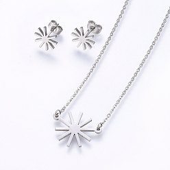 Couleur Acier Inoxydable Ensembles de bijoux en acier inoxydable résistants au ternissement, Boucles d'oreilles et pendentifs, fleur, couleur inox, collier: 304 pouces (18.9 cm), boucles d'oreille: 48mm, pin: 11x1.2 mm