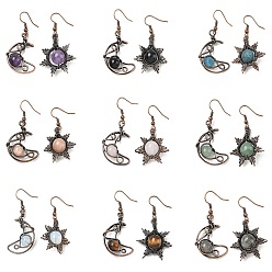 Смешанные камни Природные и синтетические Gemstone мотаться, с латунной фурнитурой , луна/солнце, асимметричные серьги, Красная медь, 47~47.5x22.5~27 мм