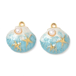 Светло-Синий 304 нержавеющей стальной эмали подвески, с пластмассовой жемчужиной abs, в форме ракушки с подвесками в виде морских звезд, реальный 18 k позолоченный, вакуумное покрытие pvd, голубой, 20x18.5x6 мм, отверстие : 2 мм