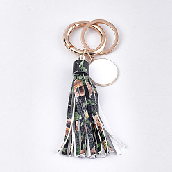 Black PU Leather Tassel Keychain, with Alloy Enamel Pendants, Iron Key Rings and Alloy Spring Gate Rings, Light Gold, Black, 121~128mm