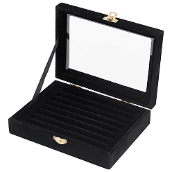 Black Cuboid Jewelry Displays, Covered with Velvet, with Glass Window and Hangers, Rectangle, Black, 20x16x4.9cm