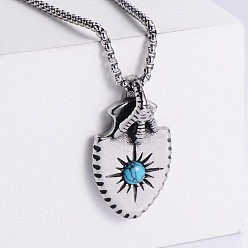 Нержавеющая Сталь Цвет Модные 304 ожерелья с подвеской в виде щита с когтями орла из нержавеющей стали и синтетической бирюзой для мужчин, цвет нержавеющей стали