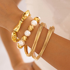 Золотой Браслеты из сплава и железа, пластика ccb и пластикового жемчуга, золотые, внутренний диаметр: 2~3 дюйм (5~7 см), 3 шт / комплект