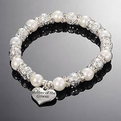 Weiß Herzglasperlen runde Perlen Stretch-Hochzeit Charme Armbänder, mit tibetischen Stil Anhänger und Messing Strass Ergebnisse, weiß, 55 mm