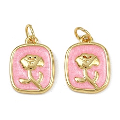 Бледно-Розовый Латунные подвески, с эмалью и кольцом для прыжков, прямоугольник с цветочной подвеской, стойки покрытие, долговечный, без кадмия и без свинца, реальный 18 k позолоченный, розовый жемчуг, 16x12x2.5 мм, отверстие : 3.5 мм