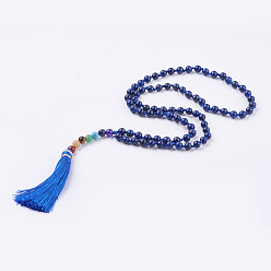 Lapis Lazuli Nylon Tassel Pendant Necklace, with Dyed Lapis Lazuli and Mixed Gemstone Beads, 32.2 inch(82cm)