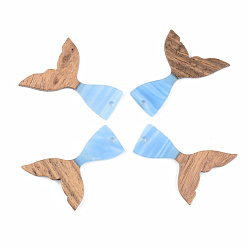 Cornflower Blue Opaque Resin & Walnut Wood Pendants, Mermaid Fishtail Shape, Cornflower Blue, 39x28x3mm, Hole: 2mm