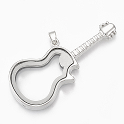 Platinum Alloy Magnetic Locket Big Pendants, with Glass, Guitar, Platinum, 29x66x8mm, Hole: 4x6mm, Inner Measure: 11.5x27mm