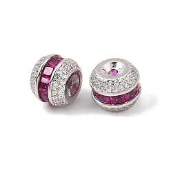 Chapado en Oro Real 18K 925 Cuentas de plata de ley con circonitas cúbicas de color rosa intenso engastadas, chapado en rack, larga duración plateado, tambor, Rodio plateado, real 18 k chapado en oro, 9.5x7.5 mm, agujero: 1.5 mm