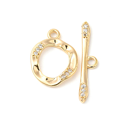 Real 18K Gold Plated Brass Micro Pave Clear Cubic Zirconia Toggle Clasps, Cadmium Free & Nickel Free & Lead Free, Irregular Ring, Real 18K Gold Plated, Ring: 17.5x13x2.5mm, Hole: 1.8mm, Bar: 24.5x5x2mm, Hole: 1.8mm