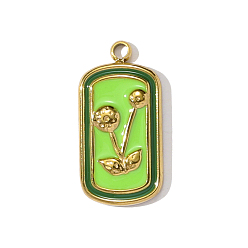 Лайм 304 нержавеющей стальной эмали подвески, прямоугольник с цветочными подвесками, ионное покрытие (ip), реальный 18 k позолоченный, желто-зеленые, 18x9 мм