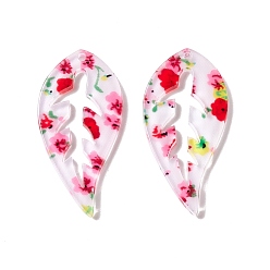 Red Transparent Acrylic Pendants, Leaf with Flower Pattern, Red, 39x19x2mm, Hole: 1.6mm