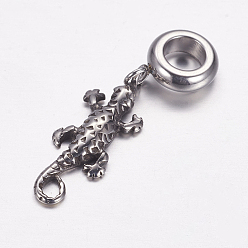 Antique Silver 304 Stainless Steel European Dangle Charms, Large Hole Pendants, Lizard, Antique Silver, 34mm, Hole: 5mm, Pendant: 23x8.5x2.5mm