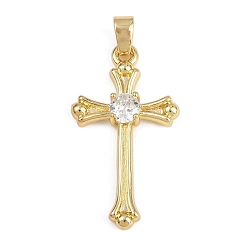 Настоящее золото 18K Латунные микро проложить кубического циркония подвески, крест прелести, долговечный, стойки покрытие, без свинца и без кадмия, реальный 18 k позолоченный, 32x18x4 мм, отверстие : 5.5x3.5 мм