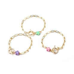 Mixed Color Handmade Polymer Clay Flower Link Bracelets, with Brass Figaro Chains, Golden, Mixed Color, 7-1/8x3/8 inch(18x0.95cm)