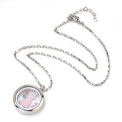 Pink 304 колье из венецианской цепочки из нержавеющей стали, с фоторамкой из сплава с живой памятью, плавающими подвесками из медальона и чешскими стеклянными бусинами, розовые, 18.5 дюйм (47 см), Кулон : 35x29x7 мм