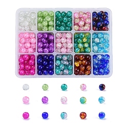 Mixed Color Spray Painted Crackle Glass Beads Strands, Round, Mixed Color, 8mm, Hole: 1.3~1.6mm, 15 Colors, 28~30pcs/color, 420~450pcs/box