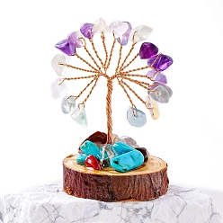 Флюорит Натуральные флюоритовые чипсы Дерево жизни украшения, деревянная основа с орнаментом фэн-шуй из медной проволоки, 50~70x30~40 мм