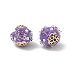 Purple Alloy & Resin & Polymer Clay Beads, Bumpy Rondelle with Flower, Golden, Purple, 17x19.5x18.5mm, Hole: 1.8mm