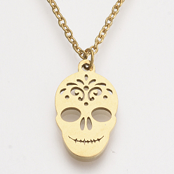 Golden 201 Stainless Steel Pendant Necklaces, with Cable Chains, Sugar Skull, For Mexico Holiday Day of the Dead, Golden, 15.9 inch(40.5cm), 1.5mm, Sugar Skull: 18x10.5x1mm