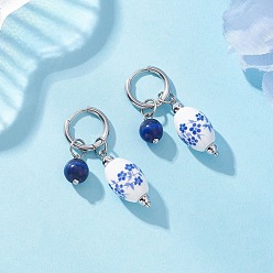 Нержавеющая Сталь Цвет Овальные 316 и 202 серьги-кольца из нержавеющей стали, с фарфоровыми бусинами, латунными бусинами и кошачьим глазом, цвет нержавеющей стали, 38 мм