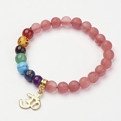 Вишневый Кварц Вишни из кварцевого стекла из бисера браслеты простирания, драгоценный камень бисером браслеты шарма, со сплавочной фурнитурой, матовые, ом, 2 дюйм (50~53 мм)