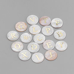 Letter Freshwater Shell Links connectors, with Alloy Findings, Flat Round with Letter, Letter, 25x3mm, Hole: 1.5mm
