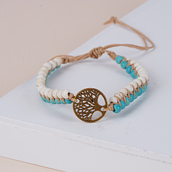 Синтетическая Бирюза Синтетические бирюзовые круглые плетеные браслеты из бисера, сплав древо жизни браслеты для мужчин и женщин, античное золото , 6-3/4 дюйм (17 см)