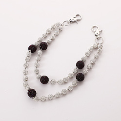 Черный Двухслойные цепочки для брюк из полимерной глины с круглыми бусинами и стразами, с поворотными застежками сплава, платина, чёрные, 300 мм