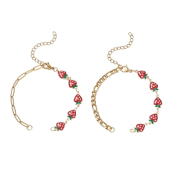 Золотой 2шт. 2 стили латунный эмалированный красный клубничный браслет-цепочка для изготовления, с 304 цепями из нержавеющей стали и 304 застежками из лобстера из нержавеющей стали, золотые, 6.73~6.97 дюйм (17.1~17.7 см), 1 шт / стиль