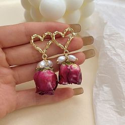 Средний Фиолетово-красный Серьги-гвоздики с подвесками из латунной ракушки в форме сердца, с сухоцветами розы, золотые, средне фиолетовый красный, 45 мм