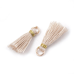 Antique White Polycotton(Polyester Cotton) Tassel Pendant Decorations, Mini Tassel, with Iron Findings and Metallic Cord, Light Gold, Antique White, 10~15x2~3mm, Hole: 1.5mm