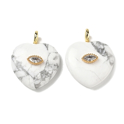Howlite Natural Howlite Pendants, Heart Charms with Brass Micro Pave Clear Cubic Zirconia Findings, Golden, 31.5~32x25~25.5x9.5~10.5mm, Hole: 4mm