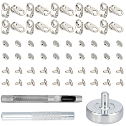 Серебро Крючки шнурка сплава ботинка, для скалолазания и уличной обуви, с инструментами для установки петель, серебряные, 19.5x11x8 мм, отверстие : 5.5 мм, крышка кнопки: 8x4 мм, заклепки: 8x4 мм, отверстие : 2 мм