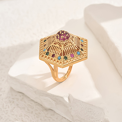 Разноцветный Геометрические латунные микропаве кубические цирконии регулируемые кольца для женщин, золотые, красочный, 28 мм, внутренний диаметр: регулируемый