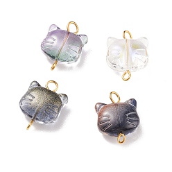 Mixed Color Glass Connector Charms, with Golden Tine Iron Double Loops, Cat, Mixed Color, 19x14x6.5mm, Hole: 2~3mm