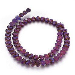 Purple Plated Electroplated Non-magnetic Synthetic Hematite Beads Strands, Frosted, Heart, Purple Plated, 8x7x3mm, Hole: 0.8mm, about 65pcs/strand, 15.94 inch(40.5cm)