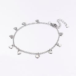 Stainless Steel Color Tarnish Resistant 304 Stainless Steel Charm Anklets, Heart, with 316 Surgical Stainless Steel Cable Chains, Stainless Steel Color, 9 inch(230mm)