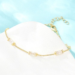Clear Brass Pave Rectangle Cubic Zirconia Link Chain Bracelets, with Box Chains, Rack Plating, Long-Lasting Plated, Real 18K Gold Plated, Lead Free & Cadmium Free, Clear, 6.69 inch(17cm)