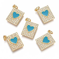 Темно-Голубой Латунные микропаве прозрачные подвески с фианитом, долговечный, с прыжковыми кольцами и эмалью, Прямоугольник с сердцем, реальный 18 k позолоченный, глубокое синее небо, 16.8x13.7x2.5 мм, отверстие : 3 мм, кольцо прыжка: 5x0.8 мм.