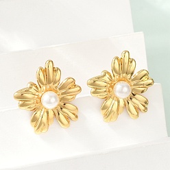 Настоящее золото 18K 304 серьги-гвоздики из нержавеющей стали и АБС-пластика с жемчугом для женщин, ионное покрытие (ip), цветок, реальный 18 k позолоченный, 22x25 мм