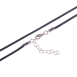 Black Waxed Cotton Cord Necklace Making, with Zinc Alloy Lobster Claw Clasps and Brass Findings, Nickel Free, Platinum Metal Color, Black, 2mm, 18.1 inch