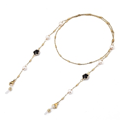 Black 304 Stainless Steel Eyeglasses Chains, Neck Strap for Eyeglasses, with Natural Pearl Beads, Alloy Glass Links and Rubber Loop Ends, Flower, Golden, Black, 31.89 inch(81cm)