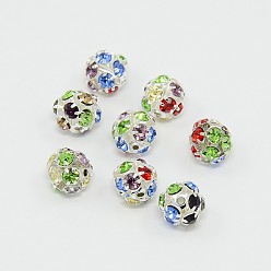 Colorful Brass Rhinestone Beads, with Iron Single Core, Grade A, Silver Metal Color, Nickel Free, Round, Colorful, 10mm in diameter, Hole: 1mm